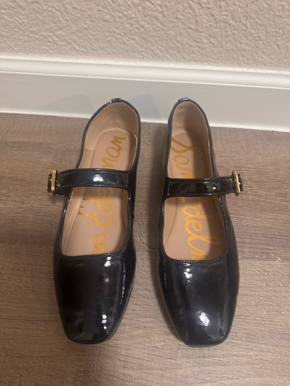 Sam Edelman Black Patent Mary Jane Flats with Gold Buckles